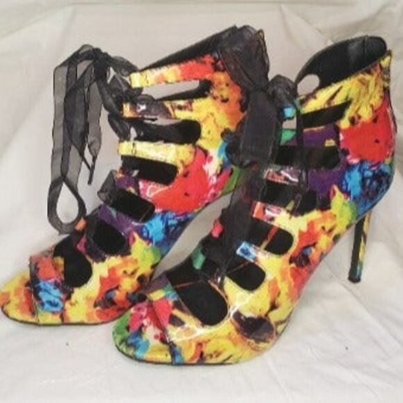 Candie’s Women’s Multi-Color Floral Open Toe Lace-Up Heel Boots Size 9.5 - Picture 1 of 4